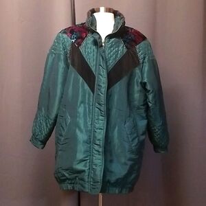 Vintage 80s Retro Current Seen Metallic Green Velvet Swishy Floral Puffer Coat M